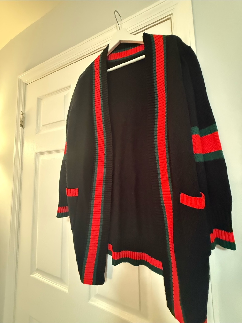 Black Open-Front Cardigan with Red & Green Stripe